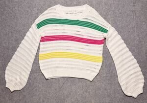 Womens XS White Open Knit Green Pink Stripe Balloon Sleeve Sweater Willow & Clay